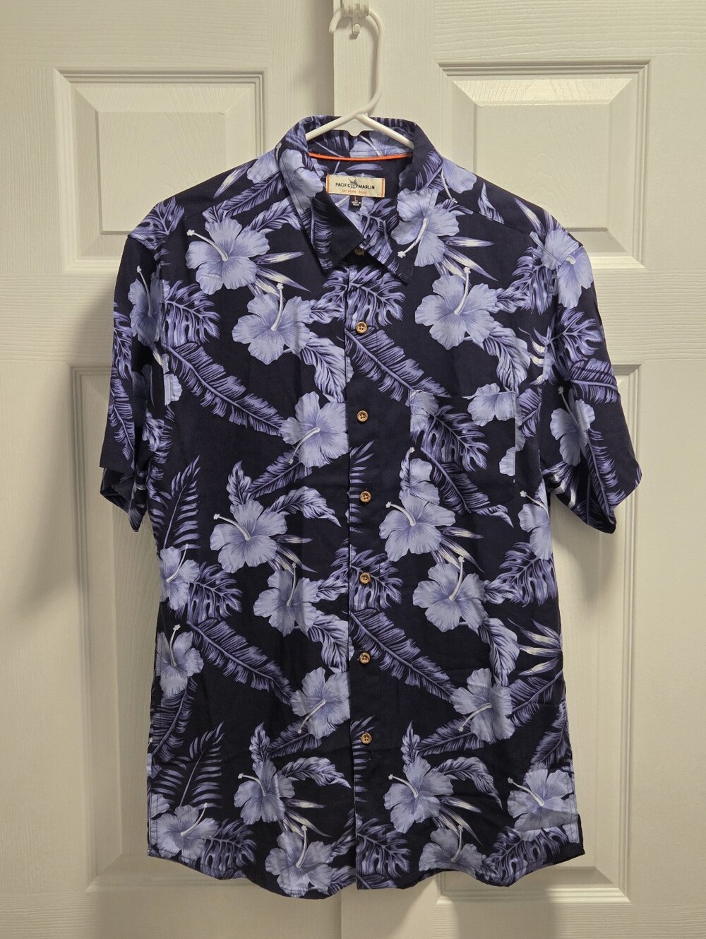 (5/$25) Navy Blue Tropical Floral Hawaiian Button-Up Short Sleeve Shirt Large